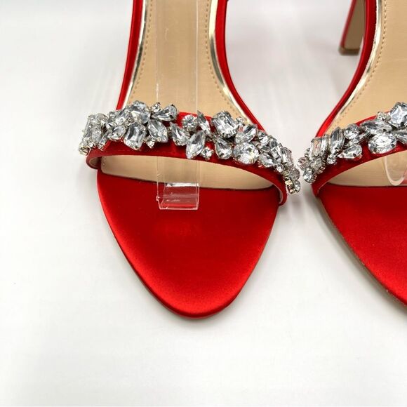 Jewel Badgley Mischka Size 10 Ojai Jeweled Red Satin Heels Dress Sandals Shoes - Picture 4 of 14